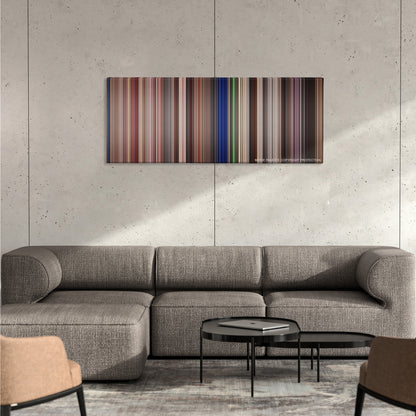 Starship Troopers color palette canvas on a concrete wall above a gray sectional sofa