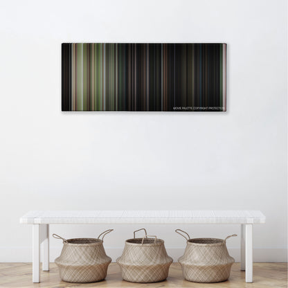 Friday the 13th color palette canvas above a white bench with three woven baskets