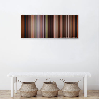 Kate & Leopold color palette canvas above a white bench with three woven baskets