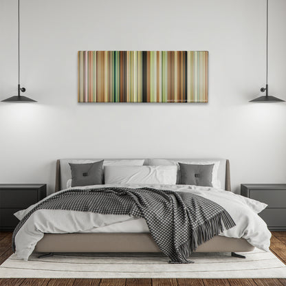 Austenland color palette canvas above a bed, between two black pendant lamps