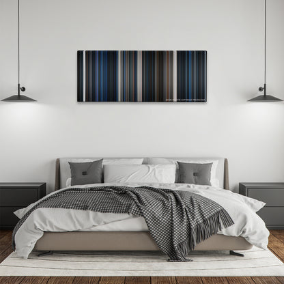 Alien color palette canvas above a bed, between two black pendant lamps