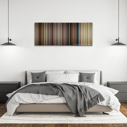 Step Brothers color palette canvas above a bed, between two black pendant lamps