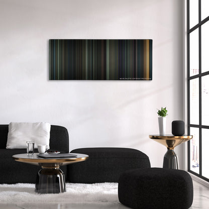 Dark Shadows color palette canvas above a black sofa with a gold-topped table