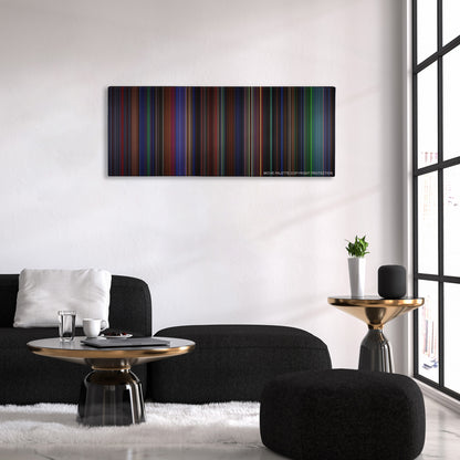 Batman Forever color palette canvas above a black sofa with a gold-topped table