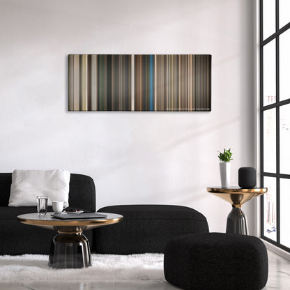 RocknRolla color palette canvas above a black sofa with a gold-topped table