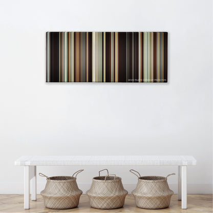 Portrait of a Lady on Fire color palette canvas above a white bench with three woven baskets