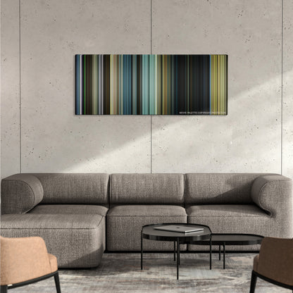 Sicario: Day of the Soldado color palette canvas on a concrete wall above a gray sectional sofa