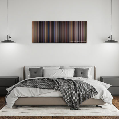 Almost Famous color palette canvas above a bed, between two black pendant lamps