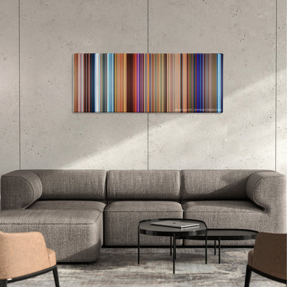 The Road to El Dorado color palette canvas on a concrete wall above a gray sectional sofa