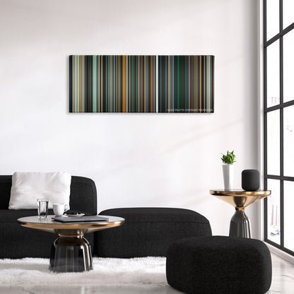 Batman v Superman: Dawn of Justice color palette canvas above a black sofa with a gold-topped table