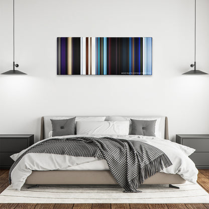 The Neon Demon color palette canvas above a bed, between two black pendant lamps