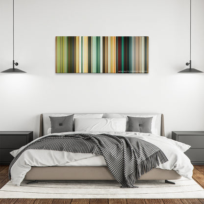 The Losers color palette canvas above a bed, between two black pendant lamps