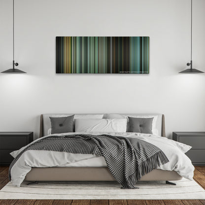 The Bourne Supremacy color palette canvas above a bed, between two black pendant lamps