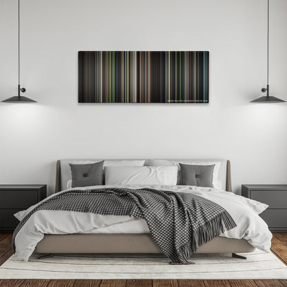 The Handmaiden color palette canvas above a bed, between two black pendant lamps
