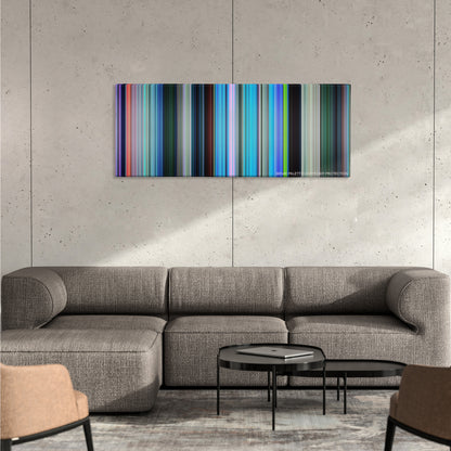 Finding Nemo color palette canvas on a concrete wall above a gray sectional sofa