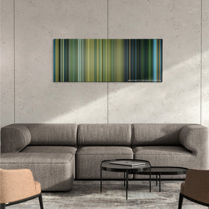 Black Hawk Down color palette canvas on a concrete wall above a gray sectional sofa