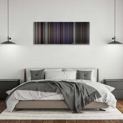 Magnolia color palette canvas above a bed, between two black pendant lamps