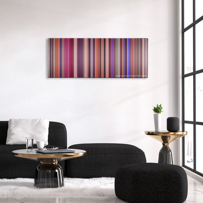 Showgirls color palette canvas above a black sofa with a gold-topped table