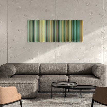 Rush color palette canvas on a concrete wall above a gray sectional sofa