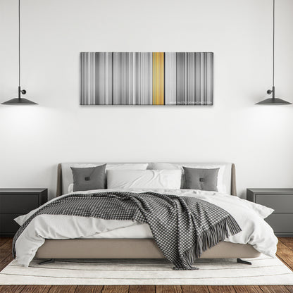 Clerks color palette canvas above a bed, between two black pendant lamps