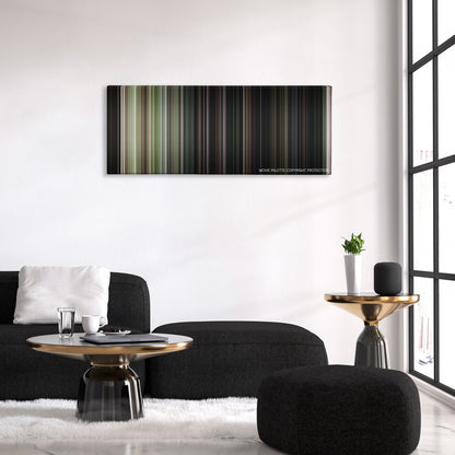 Friday the 13th color palette canvas above a black sofa with a gold-topped table
