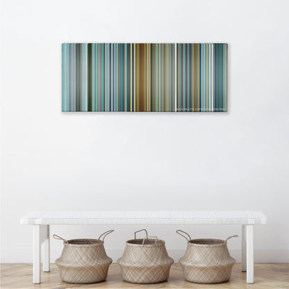 The Island color palette canvas above a white bench with three woven baskets