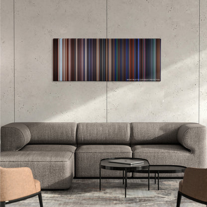 Gremlins color palette canvas on a concrete wall above a gray sectional sofa