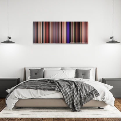 The Wedding Singer color palette canvas above a bed, between two black pendant lamps