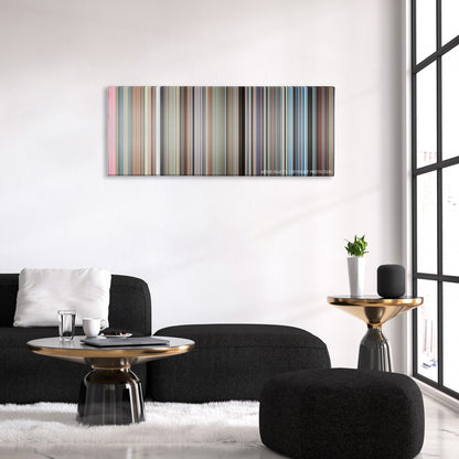 Patton color palette canvas above a black sofa with a gold-topped table