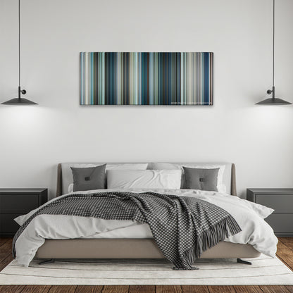 Chappie color palette canvas above a bed, between two black pendant lamps