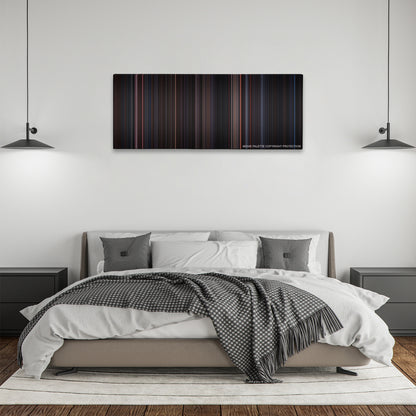 The Crow color palette canvas above a bed, between two black pendant lamps