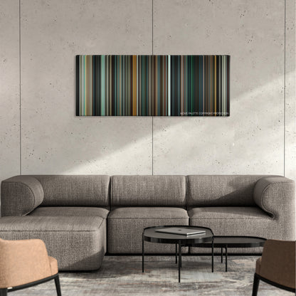 Batman v Superman: Dawn of Justice color palette canvas on a concrete wall above a gray sectional sofa