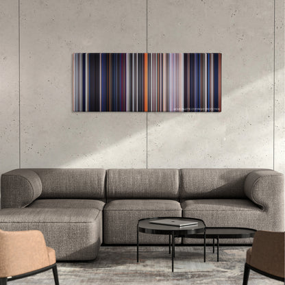 The Outsiders color palette canvas on a concrete wall above a gray sectional sofa