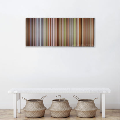 A Room with a View color palette canvas above a white bench with three woven baskets