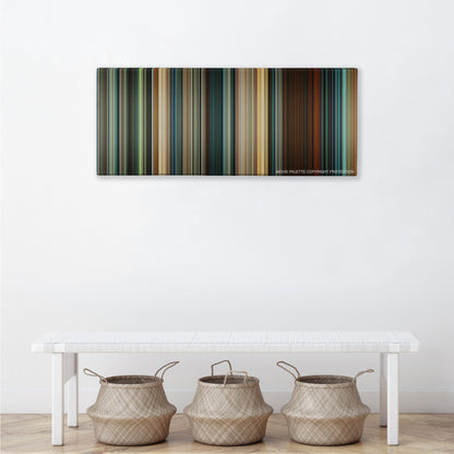 Seven Pounds color palette canvas above a white bench with three woven baskets