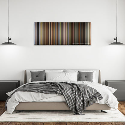 Great Expectations color palette canvas above a bed, between two black pendant lamps