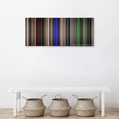 Neighbors color palette canvas above a white bench with three woven baskets