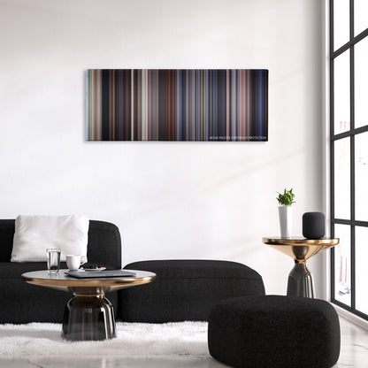 Flight of the Navigator color palette canvas above a black sofa with a gold-topped table