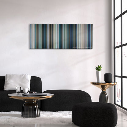 Chappie color palette canvas above a black sofa with a gold-topped table