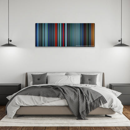Atomic Blonde color palette canvas above a bed, between two black pendant lamps