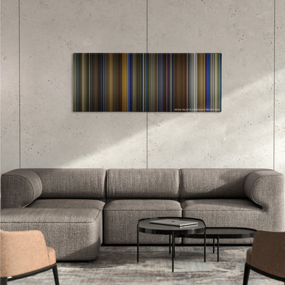 Birdman or (The Unexpected Virtue of Ignorance) color palette canvas on a concrete wall above a gray sectional sofa