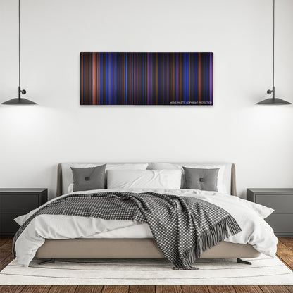 Hamilton color palette canvas above a bed, between two black pendant lamps