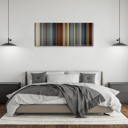 Skyfall color palette canvas above a bed, between two black pendant lamps
