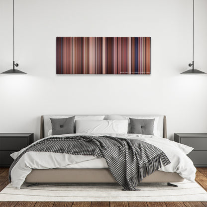 Road House color palette canvas above a bed, between two black pendant lamps