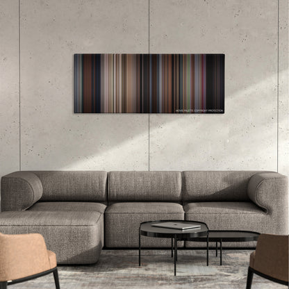 An American Werewolf in London color palette canvas on a concrete wall above a gray sectional sofa