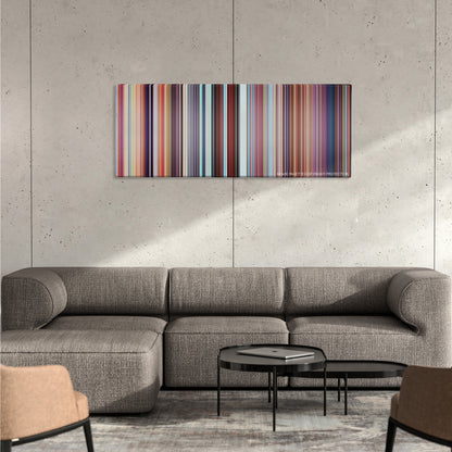 The Secret Life of Pets color palette canvas on a concrete wall above a gray sectional sofa