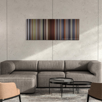 The Color Purple color palette canvas on a concrete wall above a gray sectional sofa