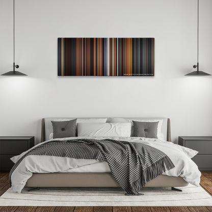 Little Women color palette canvas above a bed, between two black pendant lamps