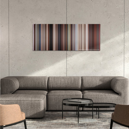 Indiana Jones and the Last Crusade color palette canvas on a concrete wall above a gray sectional sofa