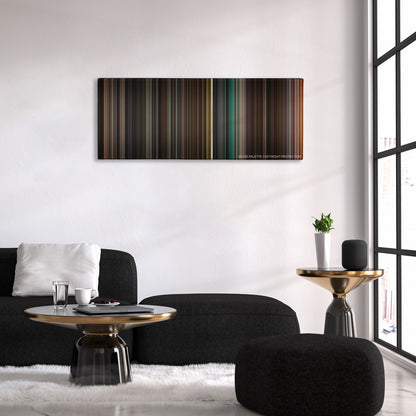 Alien: Resurrection color palette canvas above a black sofa with a gold-topped table